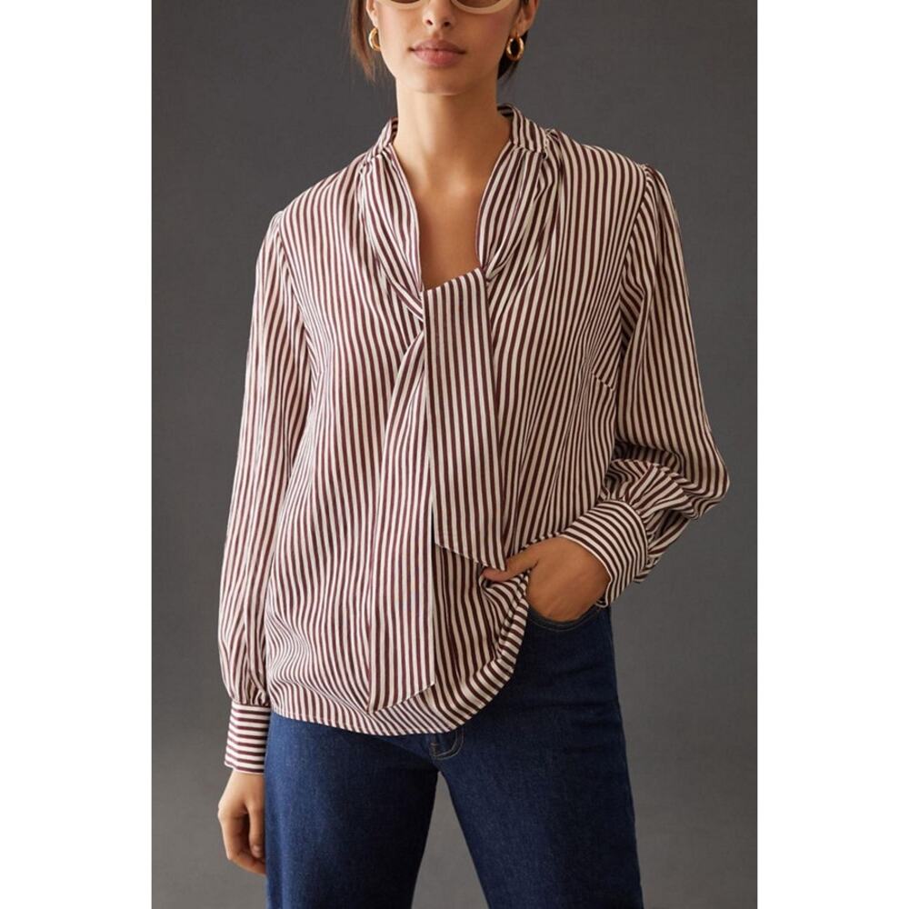 Anthropologie Buegandy and White Striped Tie-Neck Blouse
